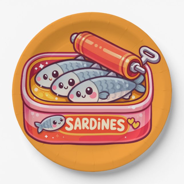Cute Sardines Fish Cartoon Paper Plates (Front)