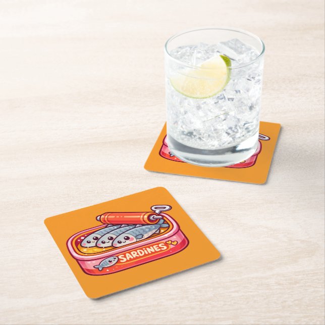 Cute Sardines Fish Cartoon Square Paper Coaster (Insitu)