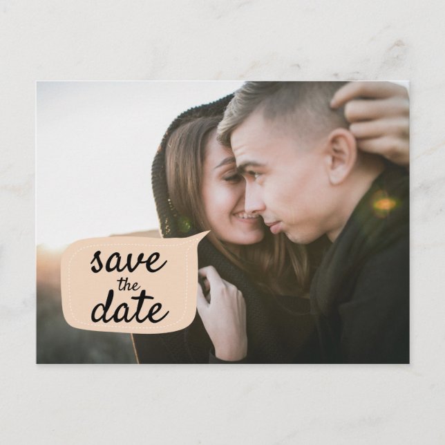 Cute Save the Date Peach Word Bubble Photo Overlay Announcement Postcard (Front)