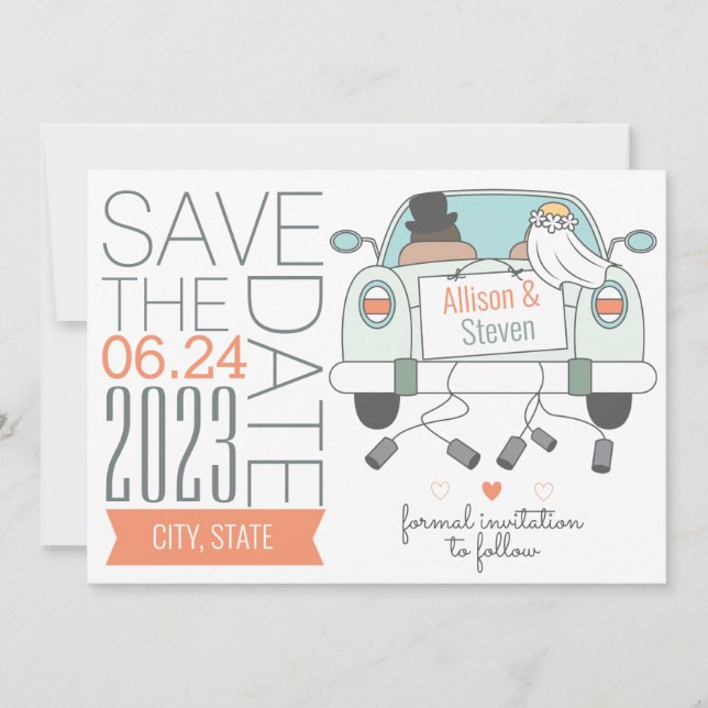 Cute, Save The Date Wedding Card with car (Front)