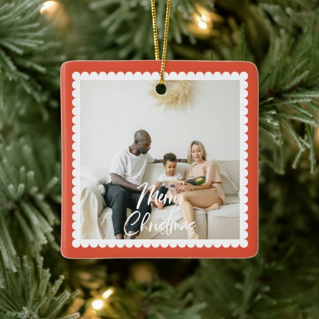 Cute Scalloped 2 Photo Handwritten Christmas Ceramic Ornament (Tree)