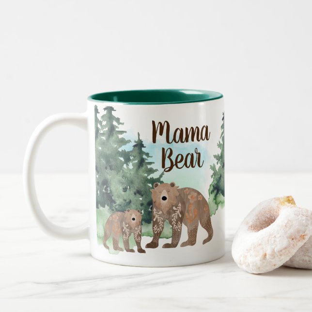 Cute Scandi Bears Woodland Forest Mama Bear Two-Tone Coffee Mug (With Donut)