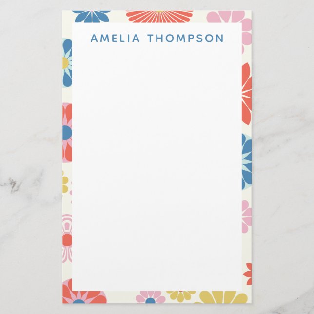 Cute Scandi Boho Folk Flower Pattern Personalized Stationery (Front)