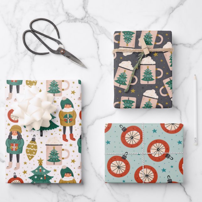 Cute Scandi Christmas Patterns Wrapping Paper Sheets (Front)