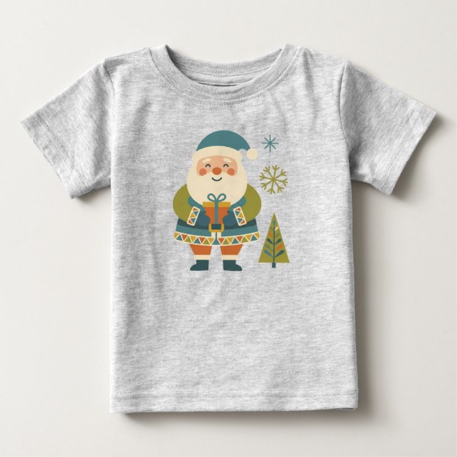Cute Scandi Folk Art Santa with Gift Kids Holiday Baby T-Shirt (Front)