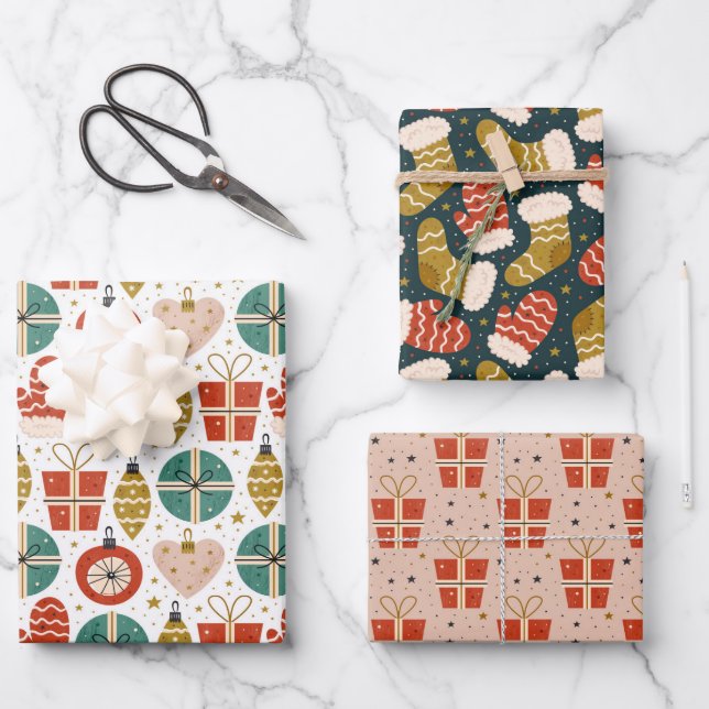 Cute Scandi Holiday Patterns Wrapping Paper Sheets (Front)