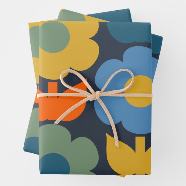 Cute Scandi Retro Modern Floral Pattern Blue Wrapping Paper Sheets (In situ)