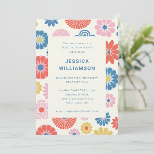 Cute Scandinavian Blue Floral Graduation Party Invitation