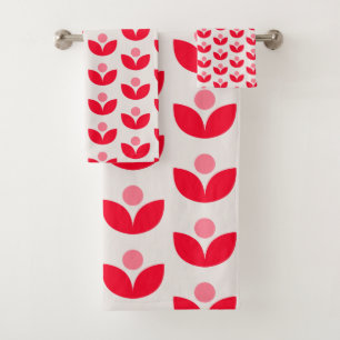 Cute Scandinavian Botanical Geometric Art Pink Red Bath Towel Set