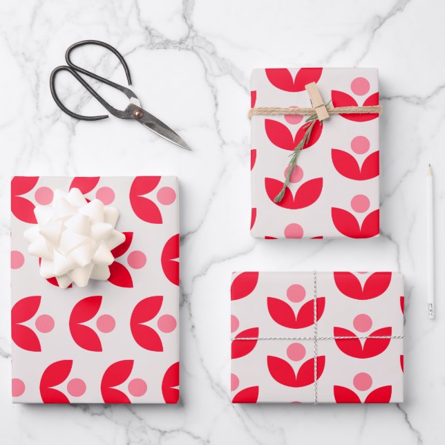 Cute Scandinavian Botanical Geometric Art Pink Red Wrapping Paper Sheets (Front)