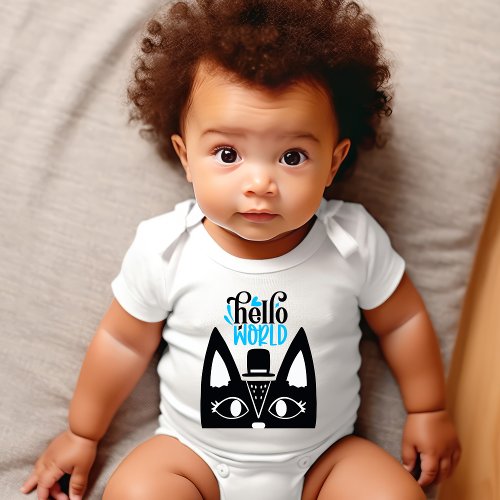 Cute Scandinavian cat with hat Hello World Baby Bodysuit