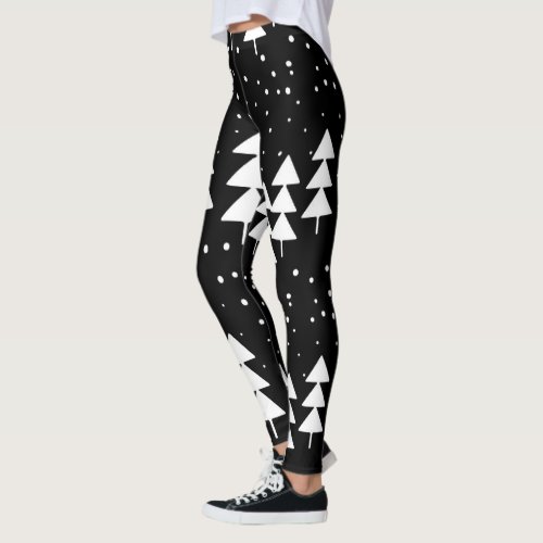 Cute Scandinavian Christmas Black and White Trees Leggings