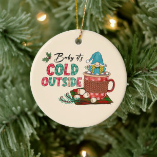 Cute Scandinavian Christmas Gnome & Hot Cocoa Ceramic Ornament