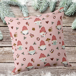 Cute Scandinavian Christmas Gnomes Pink Throw Pillow