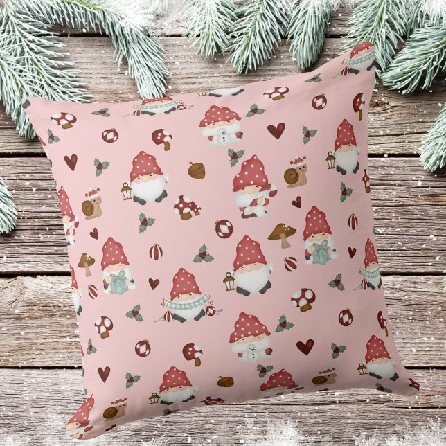 Cute Scandinavian Christmas Gnomes Pink Throw Pillow (Creator Uploaded)