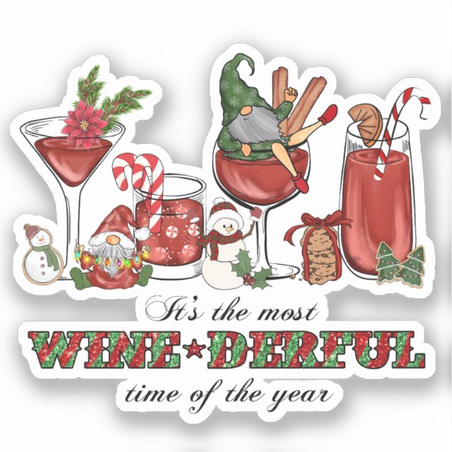 Cute Scandinavian Christmas Gnomes with Wine Glass Sticker (Front)