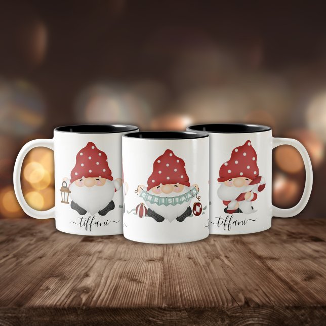 Cute Scandinavian Christmas Gnomies with Name Two-Tone Coffee Mug (Creator Uploaded)