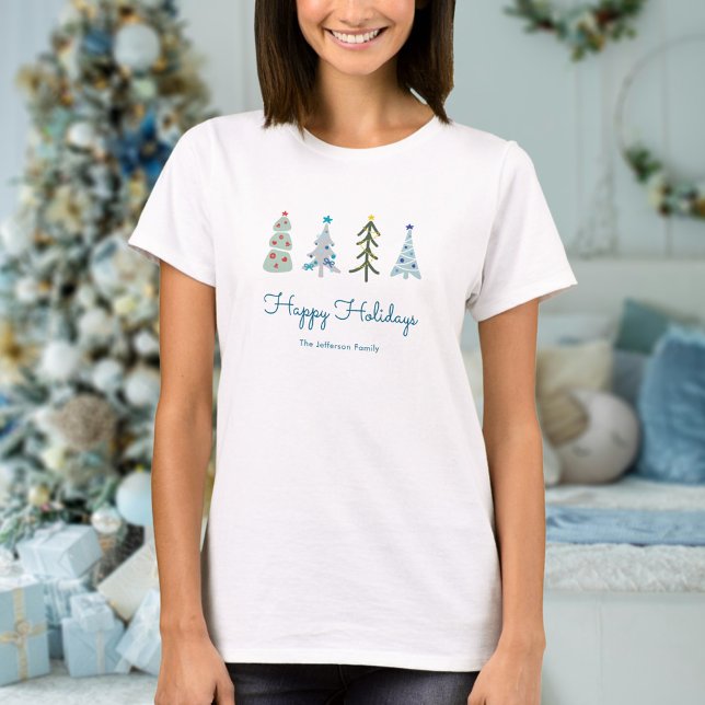 Cute Scandinavian Christmas trees  T-Shirt (Cute Scandinavian Christmas custom tshirt with whimsical Christmas trees and your text)
