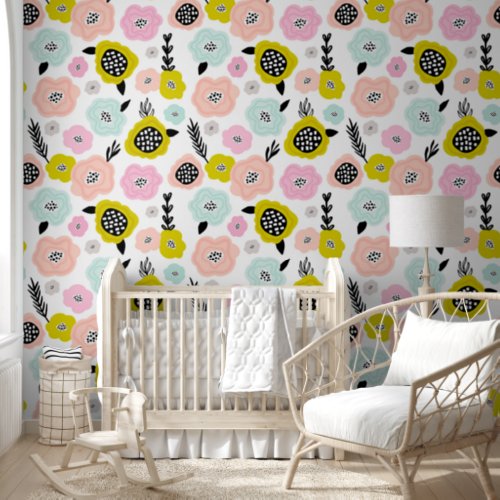 Cute Scandinavian Daisy Flowers Girls Nursery Wallpaper