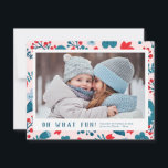 Cute Scandinavian Floral Christmas Photo Card<br><div class="desc">Cute Scandinavian floral pattern in blue,  red and blush pink. Add your own photo for a unique,  colorful Christmas photo postcard!</div>