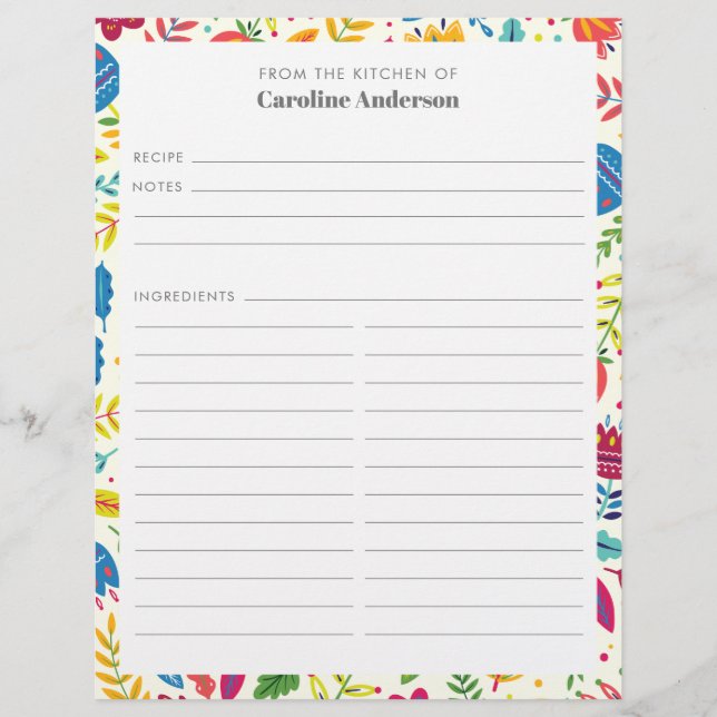 Cute Scandinavian Floral Custom Recipe Insert Flyer (Front)