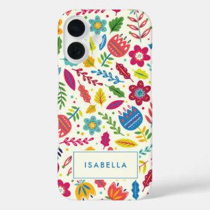 Cute Scandinavian Floral Folksy Personalized Name iPhone 16 Case