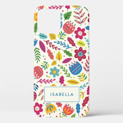 Cute Scandinavian Floral Folksy Personalized Name iPhone 12 Case