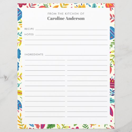 Cute Scandinavian Floral Personalized Recipe Page