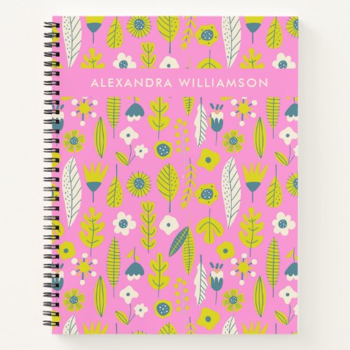 Cute Scandinavian Floral Pink Personalized Name Notebook