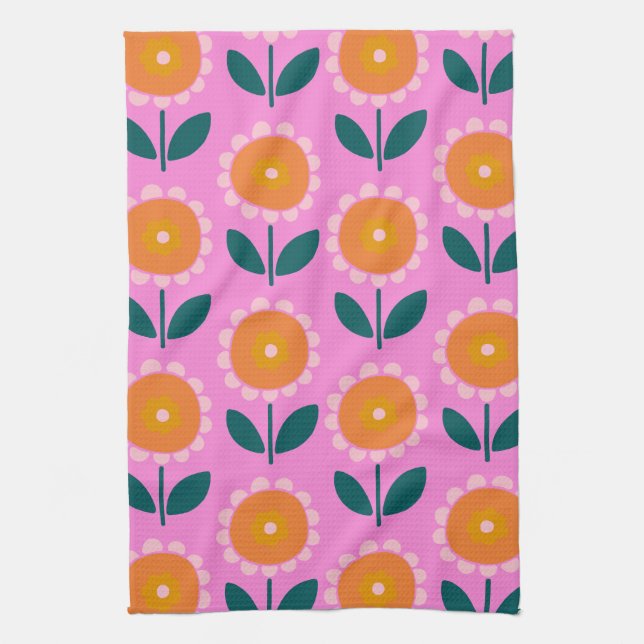 Cute Scandinavian Flowers in Pink and Orange Kitchen Towel (Vertical)