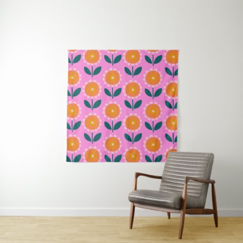 Cute Scandinavian Flowers in Pink and Orange   Tapestry