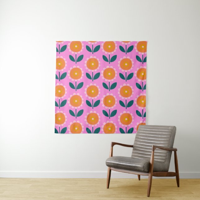 Cute Scandinavian Flowers in Pink and Orange   Tapestry (In Situ)