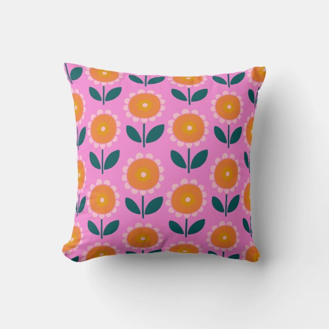 Cute Scandinavian Flowers in Pink and Orange   Throw Pillow (Front)