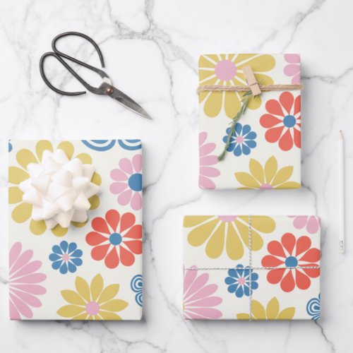 Cute Scandinavian Folk Flowers in Red Yellow Blue Wrapping Paper Sheets