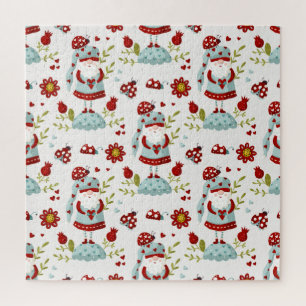 Cute Scandinavian Gnome Floral Pattern Jigsaw Puzzle