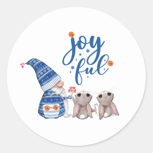 Cute Scandinavian Gnome with Bunnies Joyful  Classic Round Sticker