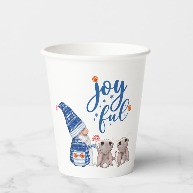 Cute Scandinavian Gnome with Bunnies Joyful  Paper Cups (Front)