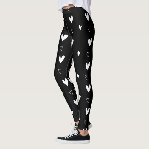 Cute Scandinavian Heart Pattern Black and White Leggings