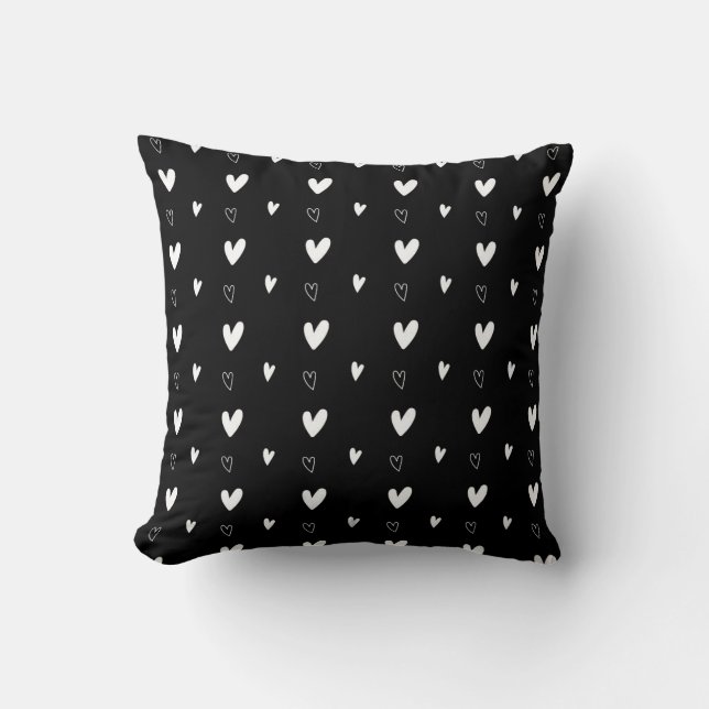 Cute Scandinavian Heart Pattern Black and White Throw Pillow (Front)