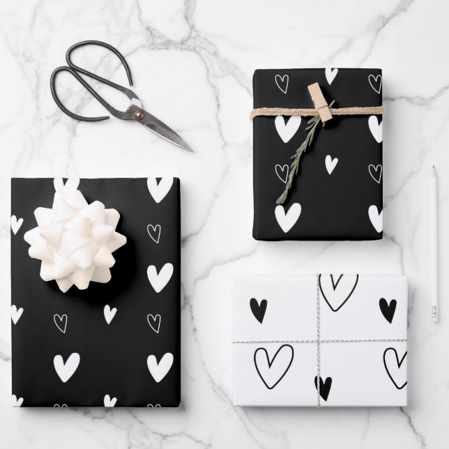 Cute Scandinavian Heart Pattern Black and White Wrapping Paper Sheets (Front)