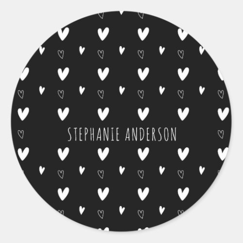 Cute Scandinavian Heart Pattern Black Personalized Classic Round Sticker