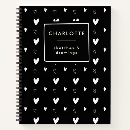Cute Scandinavian Heart Pattern Black Personalized Notebook