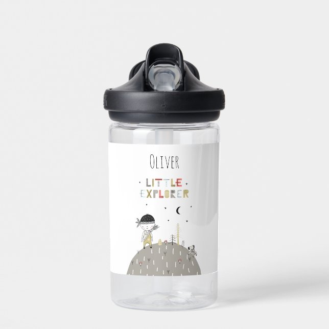 Cute Scandinavian Little Explorer Personalized Water Bottle (Front)