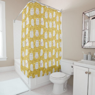 Cute Scandinavian Owls Flowers Bees Saffron Yellow Shower Curtain