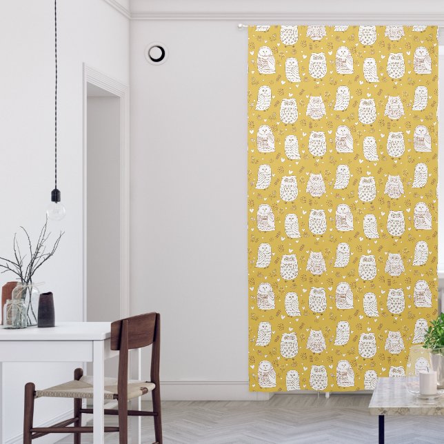Cute Scandinavian Owls Flowers Saffron Yellow Kids Blackout Curtains (Living Room)