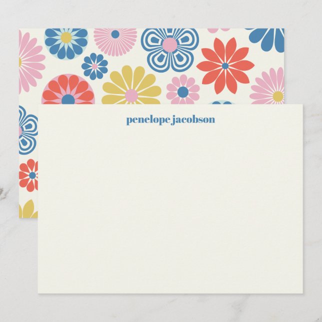 Cute Scandinavian Pink Blue Folk Floral Custom  Note Card (Front/Back)