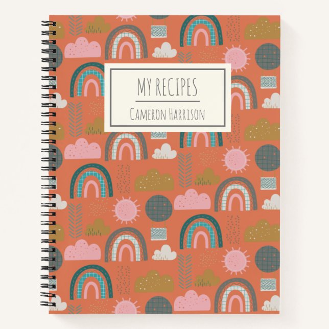 Cute Scandinavian Rainbows Personalized Kid Recipe Notebook (Front)
