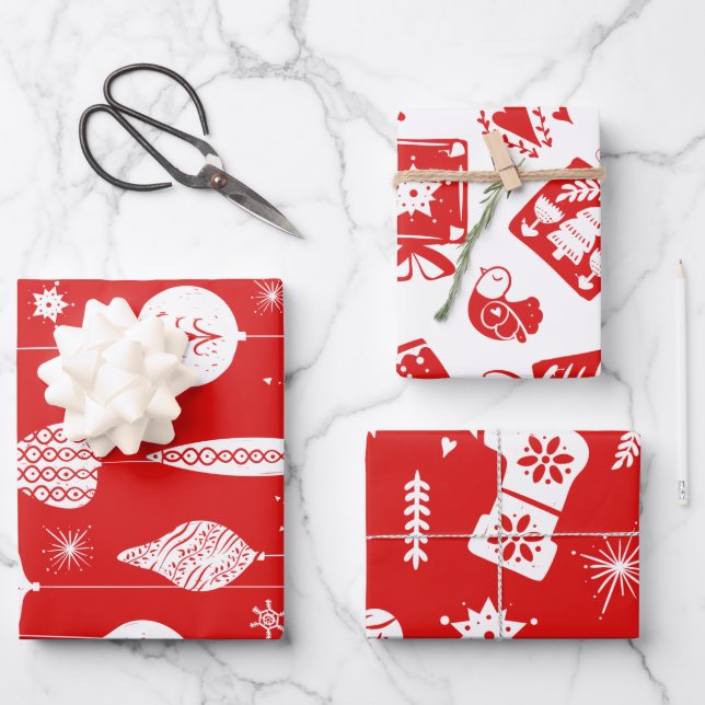Cute Scandinavian Red and White Christmas Pattern Wrapping Paper Sheets (Front)