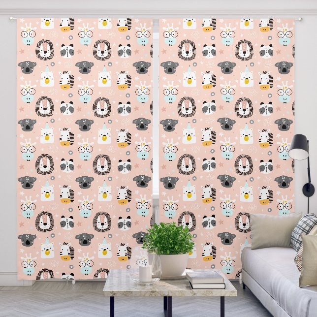 Cute Scandinavian Safari Animal Soft Peach Nursery Blackout Curtains (Living Room)