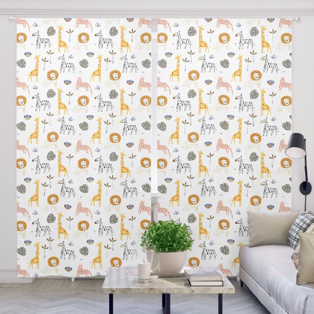 Cute Scandinavian Safari Animals White Nursery Blackout Curtains (Living Room)